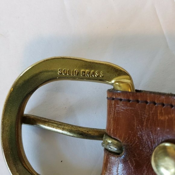 Vintage Brown Leather Boho Belt Embroidered Brass - Picture 4 of 7